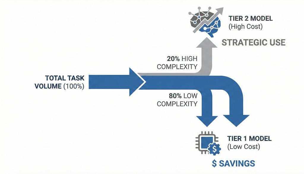 AI Model Routing data visualization showing labor arbitrage strategy: 80% of low-complexity tasks routed to cheap Tier 1 models for savings, and 20% of high-complexity tasks sent to expensive Tier 2 models for strategic use.