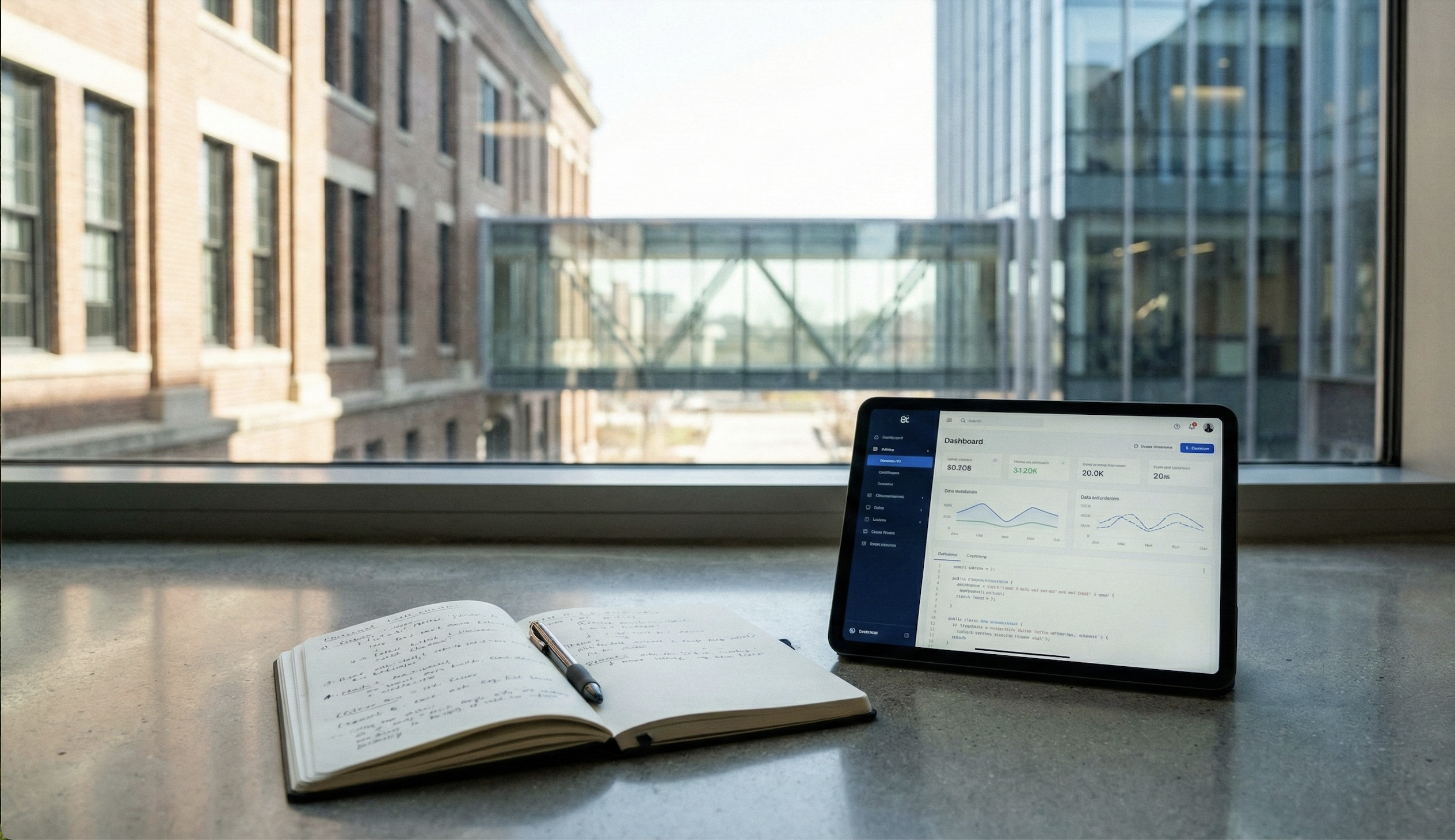 Header image for the Two93 "About Us" page featuring a handwritten notebook symbolizing traditional vendor management rigor next to a tablet displaying modern AI governance data and code. In the background, a glass bridge connects an old brick building to a modern tower, representing the bridge between legacy IT and future innovation.